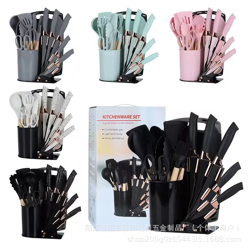 Amazon's best-selling 19-piece set of silicone kitchenware, acrylic base kitchen knives, spatulas, spoons and cooking utensils Specification drawing