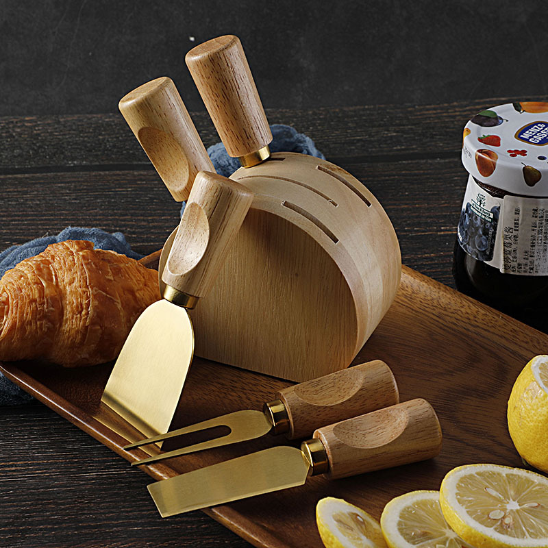 Cross-border stock rubber wood base cheese knife set, stainless steel cheese knife, cream knife, cheese knife and fork set, 5 pieces details Picture