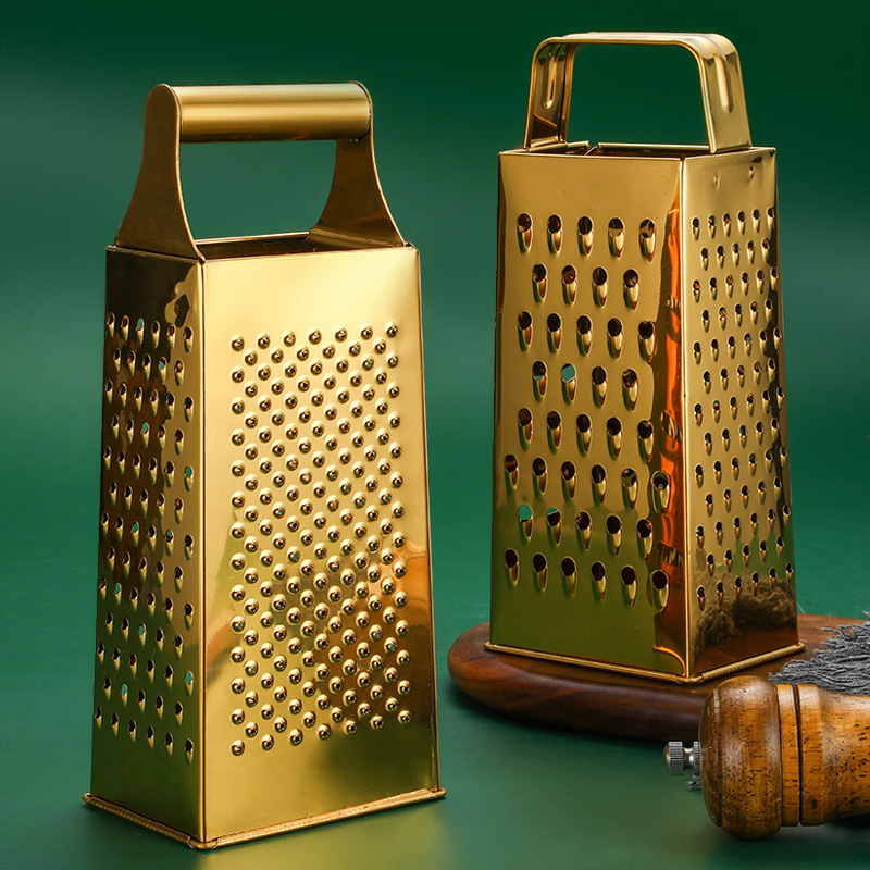 Multi-functional stainless steel golden four-sided grater, household vegetable, fruit and ginger grater, cheese and cheese grater full figure