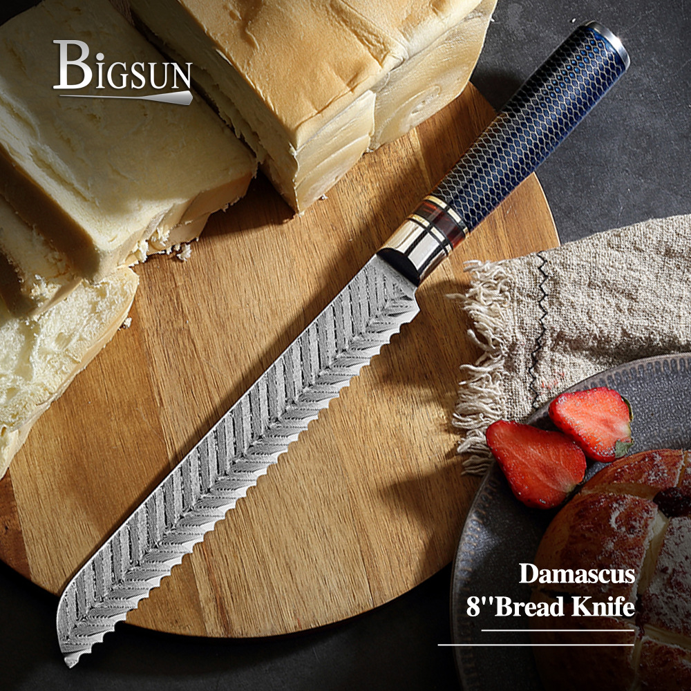 Honeycomb handle 8-inch bread knife, cross-border Damascus steel VG10 serrated knife, baking kitchen cheese slicing knife full figure