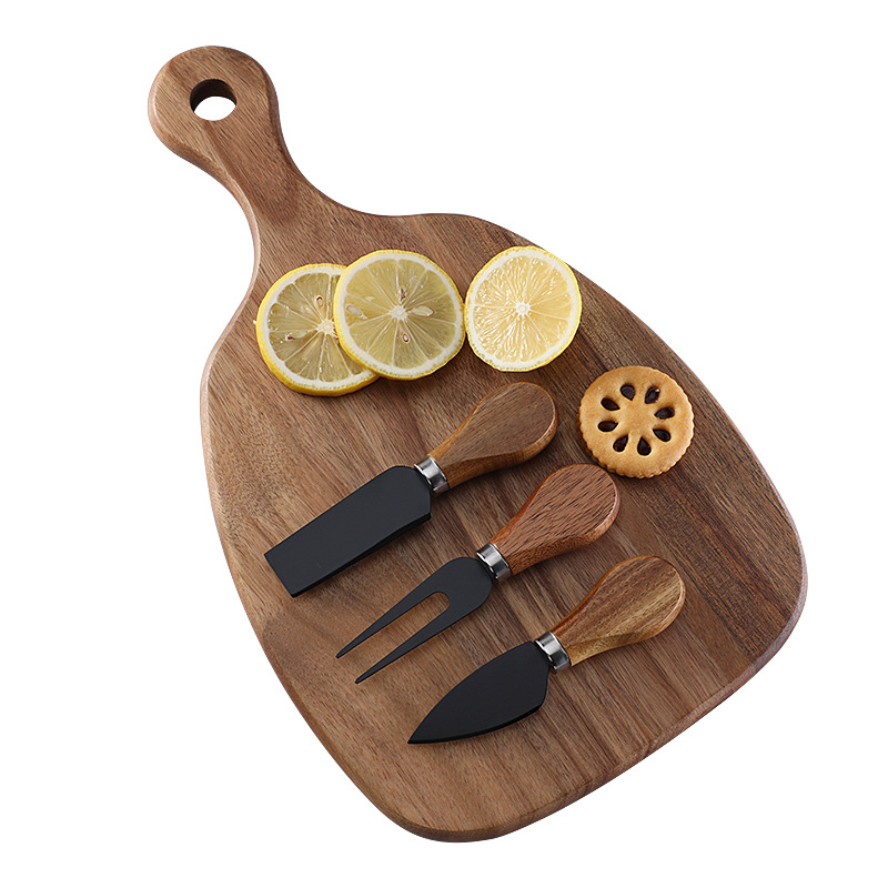 In stock: Acacia wood cutting board, cutting board, steak, Western food, fruit cutting board, cheese and cheese board set, cheese knife three-piece set Application Scenario
