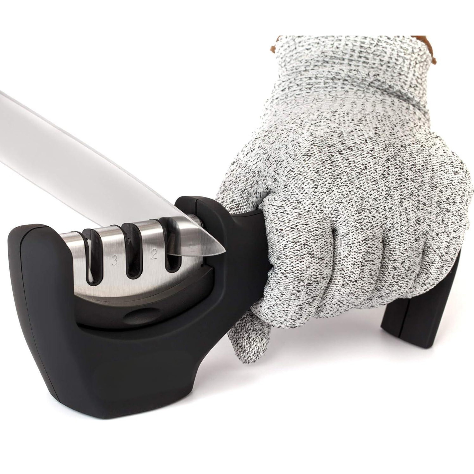 Amazon's new three-section knife sharpener, anti-cutting gloves, two-piece set, multi-functional household kitchen tool, whetstone Item Picture