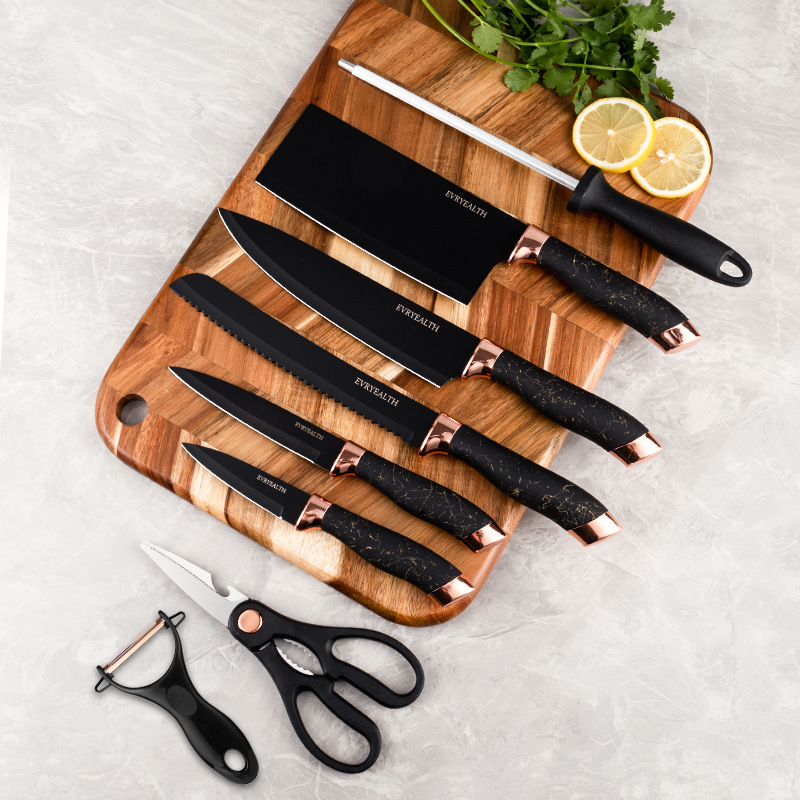 Knife set, rotating base, kitchen knife set, double electroplated head with knife base, marble-patterned handle, nine-piece set combination details Picture
