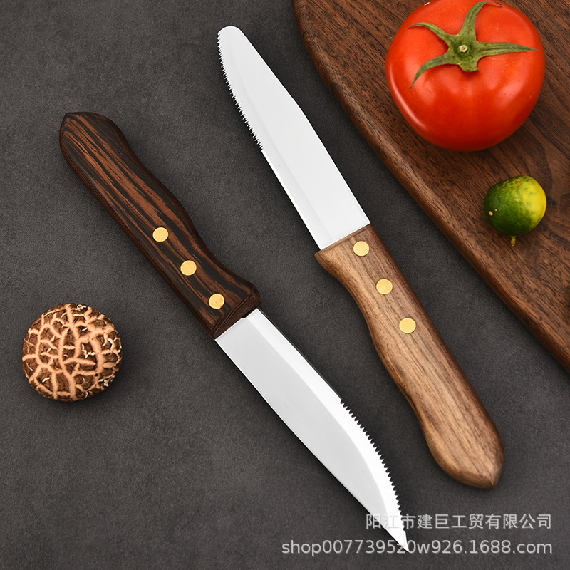 Wholesale of stainless steel Western-style steak knives from the original manufacturer, household sharp serrated wooden handles for cutting bread and toast details Picture