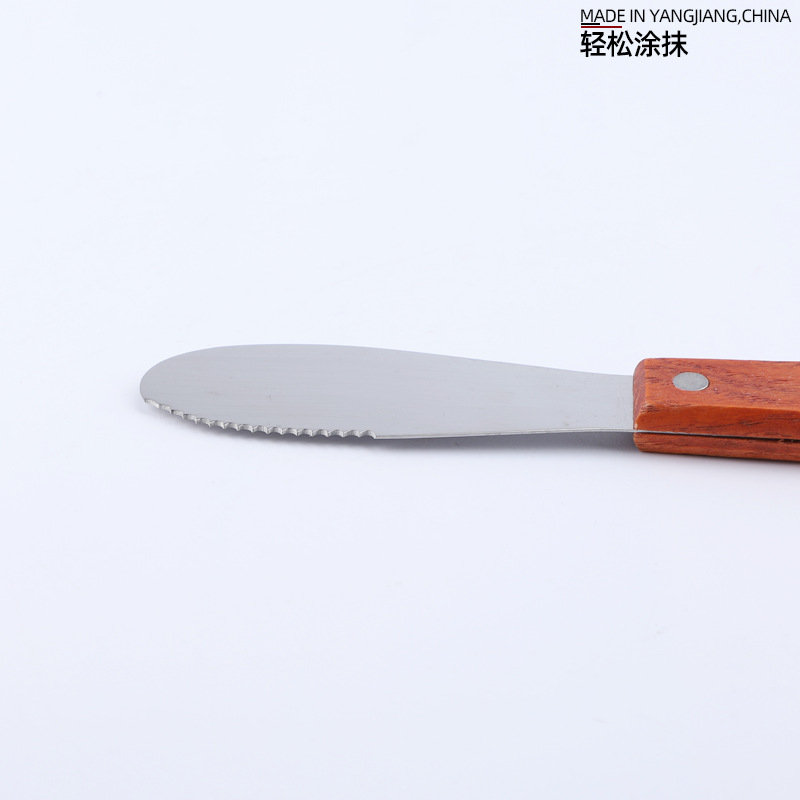 Factory direct sales of wooden handle stainless steel with serrated butter knife, butter spatula, toast spread knife, cream small scraper Specification drawing