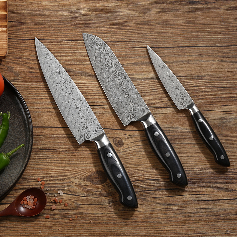 Cross-border Damascus laser chef knife set, Japanese cooking knife, Santoku knife, kitchen knife, stainless steel knife set full figure