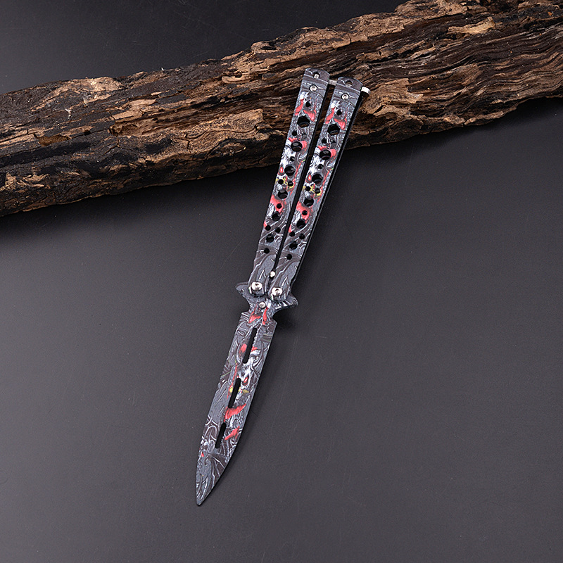 The manufacturer's CSGO game double-pointed butterfly knife tool is made of stainless steel. It is used for training without cutting edges, folding knives, swinging knives, and folding knives undefined