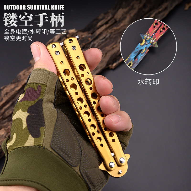 The manufacturer's CSGO game double-pointed butterfly knife tool is made of stainless steel. It is used for training without cutting edges, folding knives, swinging knives, and folding knives Specification drawing