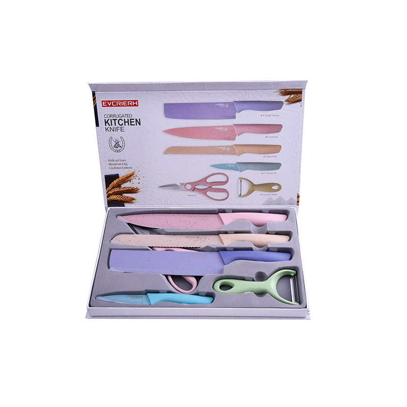 Hot-selling 6-color wheat straw gift knife, stainless steel knife set, box set, kitchen knife set, fruit knife Item Picture