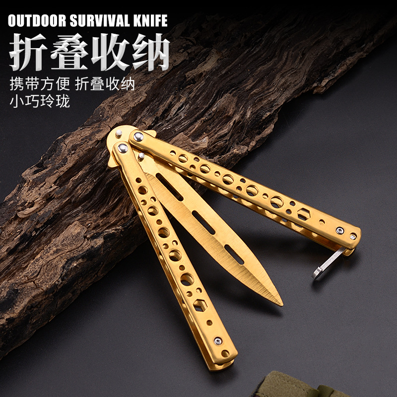 The manufacturer's CSGO game double-pointed butterfly knife tool is made of stainless steel. It is used for training without cutting edges, folding knives, swinging knives, and folding knives Application Scenario