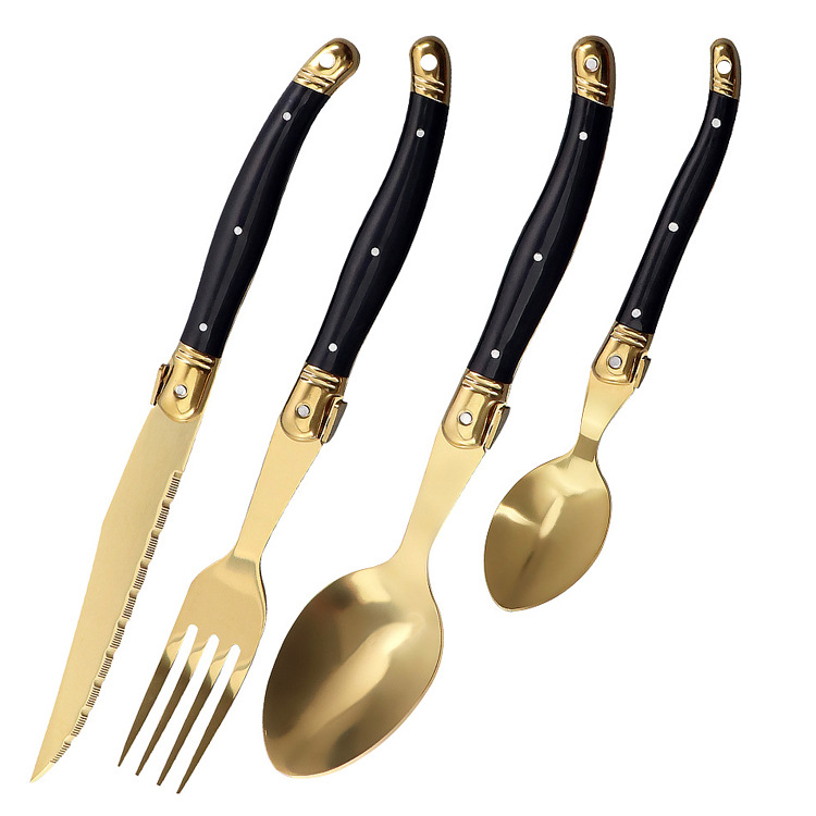 Black handle gold-plated plate steak knife and fork soup knife, Western restaurant steak knife Item Picture