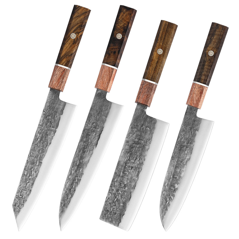 Forged chef's Japanese Santoku knife, octagonal handle, ebony kitchen knife, hand-hammered stainless steel ox knife, cutting set, small kitchen knife Item Picture