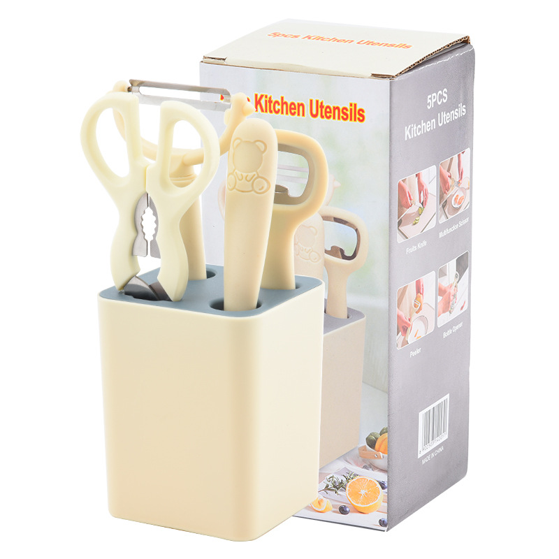 Wholesale kitchen small tools 5-piece set, fruit knife, peeler, bottle opener with storage seat combination tool set Item Picture