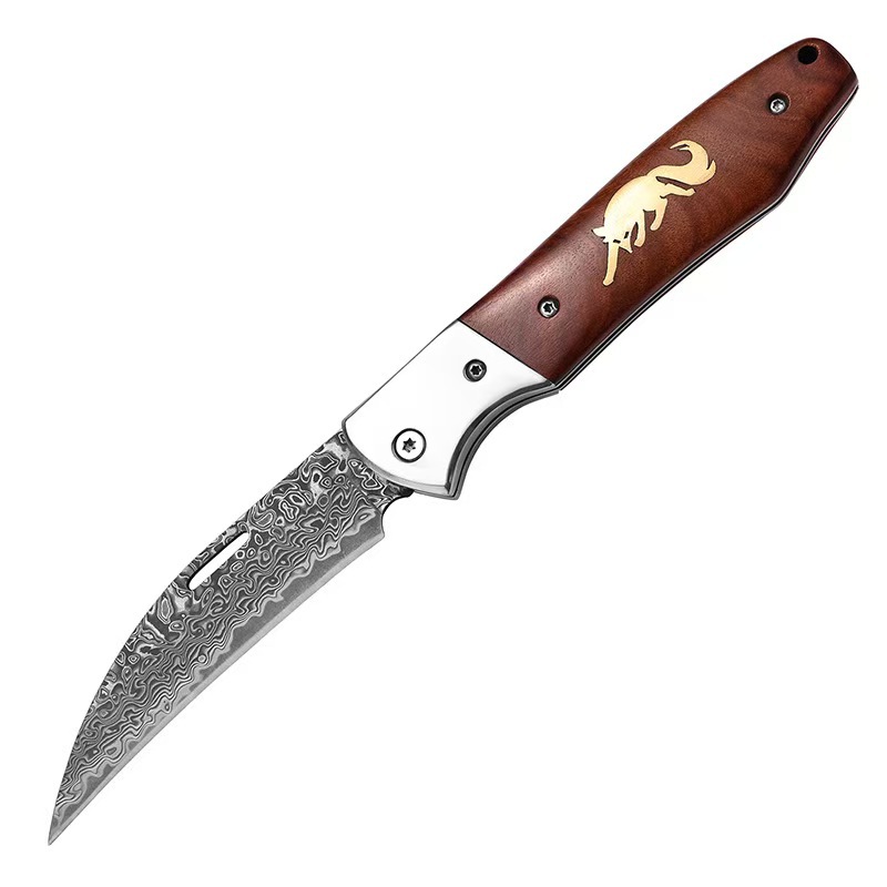 Fox-handled Damascus steel folding fruit knife, outdoor meat knife, portable camping pocket knife for foreign trade Item Picture