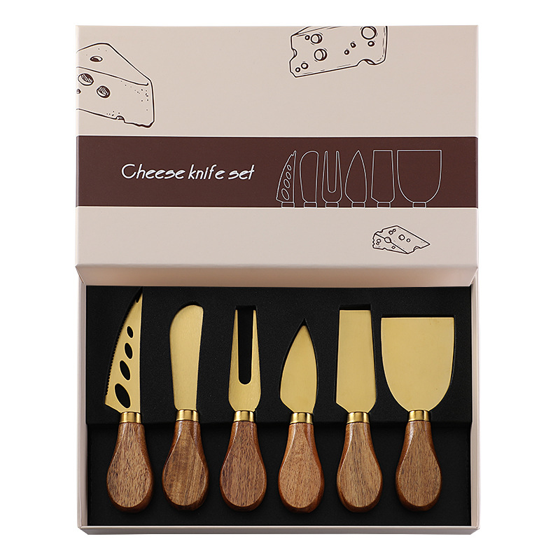Cross-border in-stock acacia wood-handled cheese knife set, stainless steel cheese knife, table knife gift box, cheese knife 6-piece set Item Picture