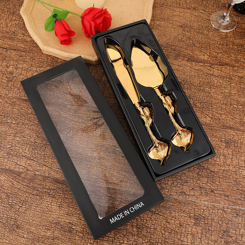 Factory direct supply of European-style golden knife and spatula sets, Western banquet knife and spatula combinations, cake and pizza knife cutting supplies Specification drawing