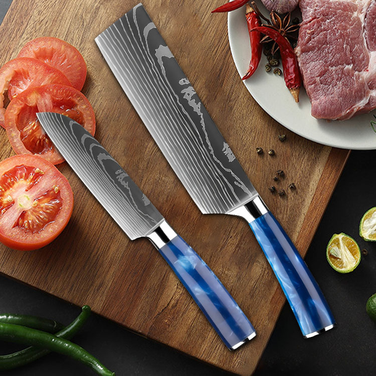 Stainless steel blue resin handle chef knife, meat and fruit slicing, all-purpose bone-removing kitchen knife 10-piece set, cross-border knives Application Scenario