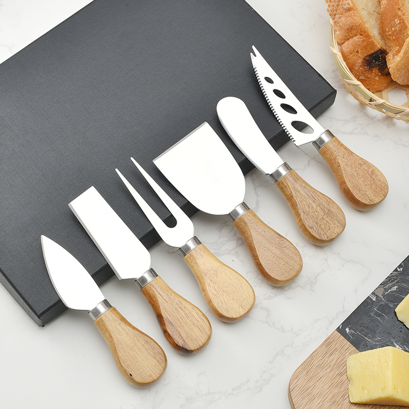 Available in stock: Stainless steel cheese knife with acacia wood handle, cheese knife gift box set, cheese knife six-piece gift box set Specification drawing