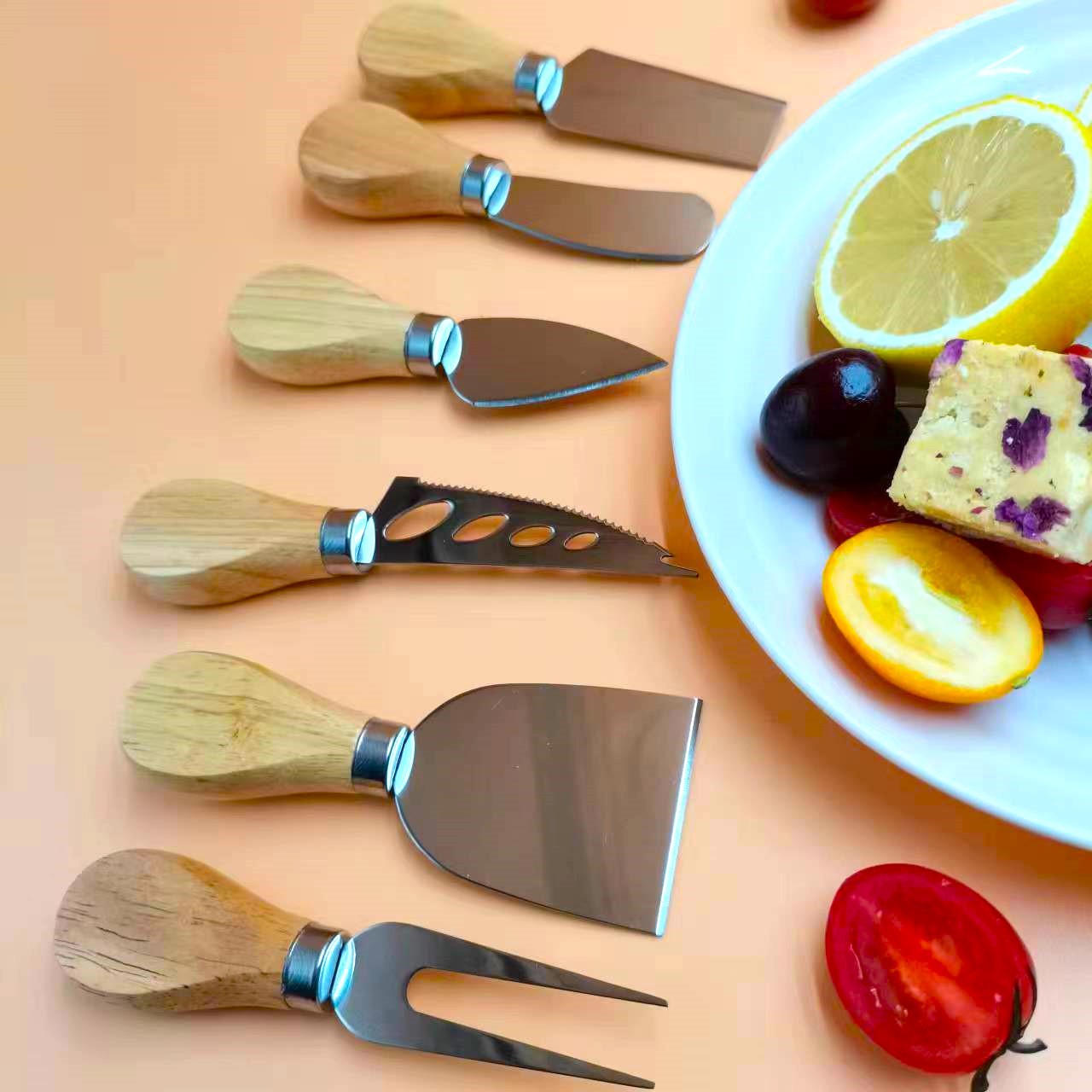 Woodblock cheese knife six-piece set, butter knife, cheese pizza knife, baking cheese knife set details Picture