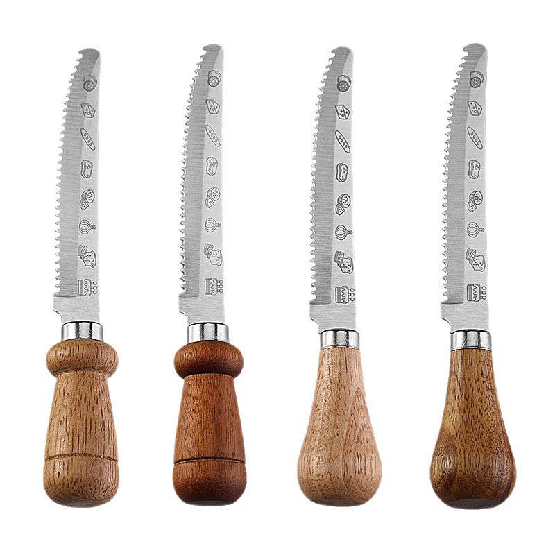 Factory stock wooden handle serrated steak knives, stainless steel creative tableware, Western steak knives, cake, toast and bread knives Item Picture