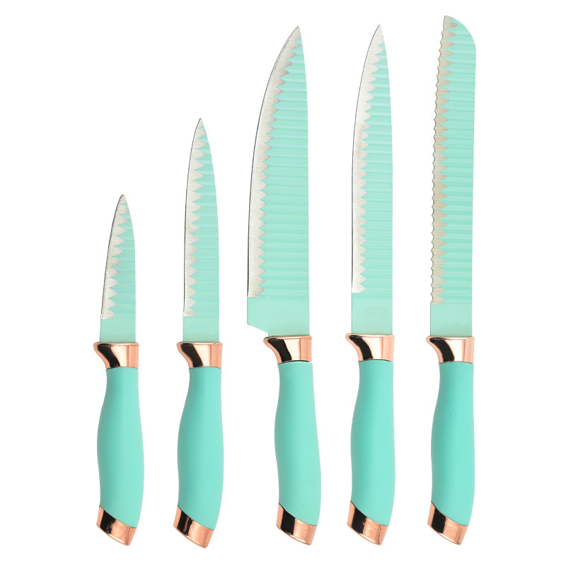 Tiffany Blue double-sided color-absorbing card kitchen set, double electroplated head wavy rose gold stainless steel knife Application Scenario