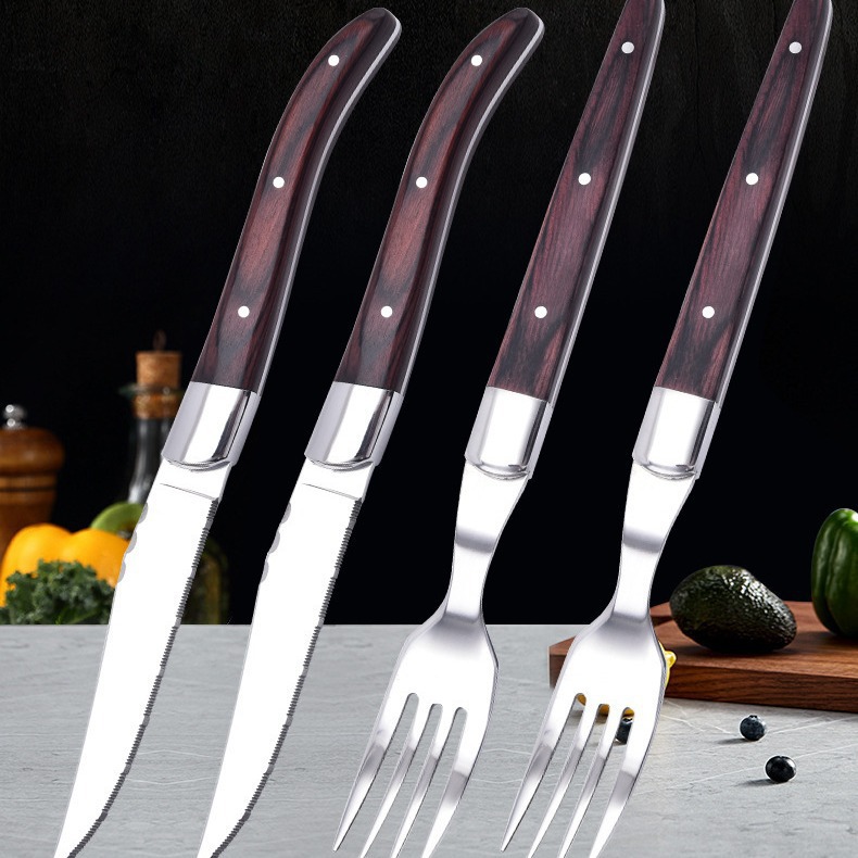 Western-style steak knife and fork set with colorful wooden handles, thickened stainless steel household export tableware full figure