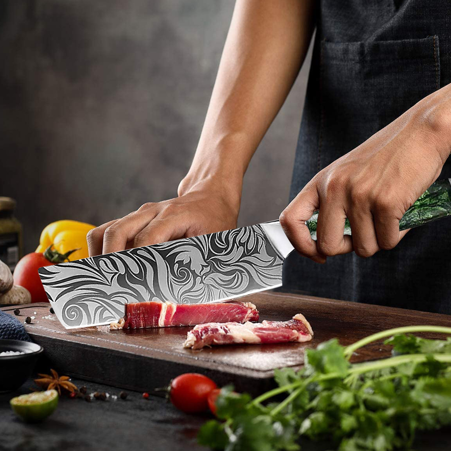 Yangjiang products Damask patterned stainless steel Japanese chef knives, kitchen knives, sashimi cooking knives, slicing and meat cutting kitchen knives Application Scenario