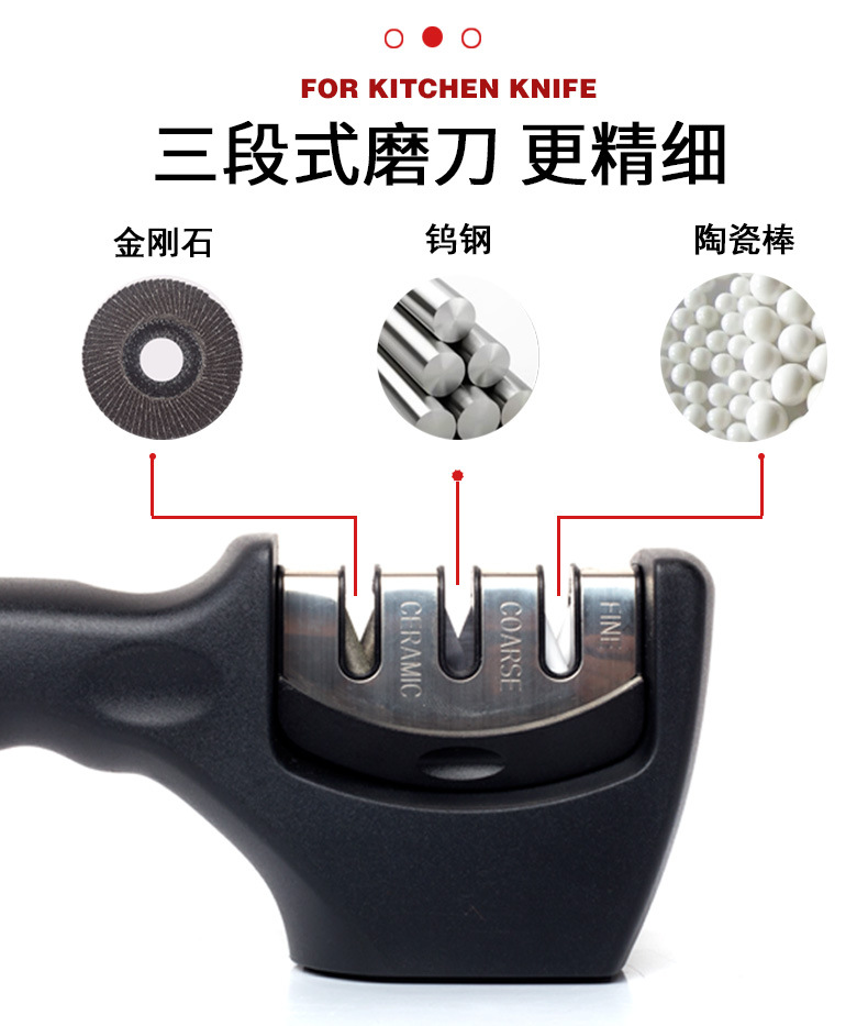 Yangjiang's new type of household kitchen knife sharpener, ceramic diamond whetstone, three-stage handheld quick knife sharpener Specification drawing