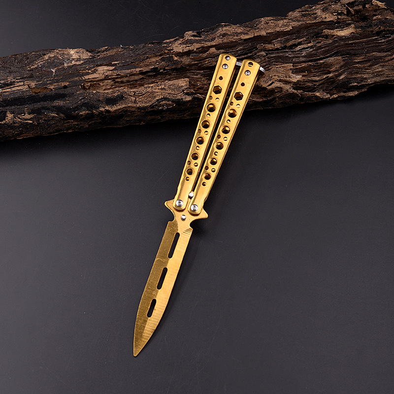 The manufacturer's CSGO game double-pointed butterfly knife tool is made of stainless steel. It is used for training without cutting edges, folding knives, swinging knives, and folding knives undefined