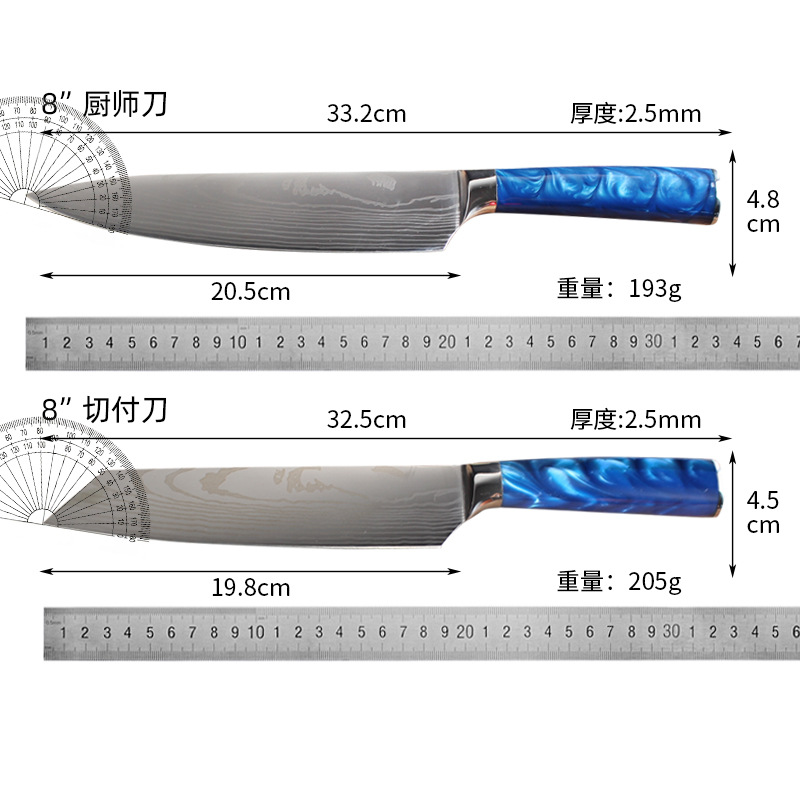 Cross-border Damascus chef knife set, stainless steel laser-patterned small kitchen knife, bread knife, Santoku knife ten-piece set Application Scenario