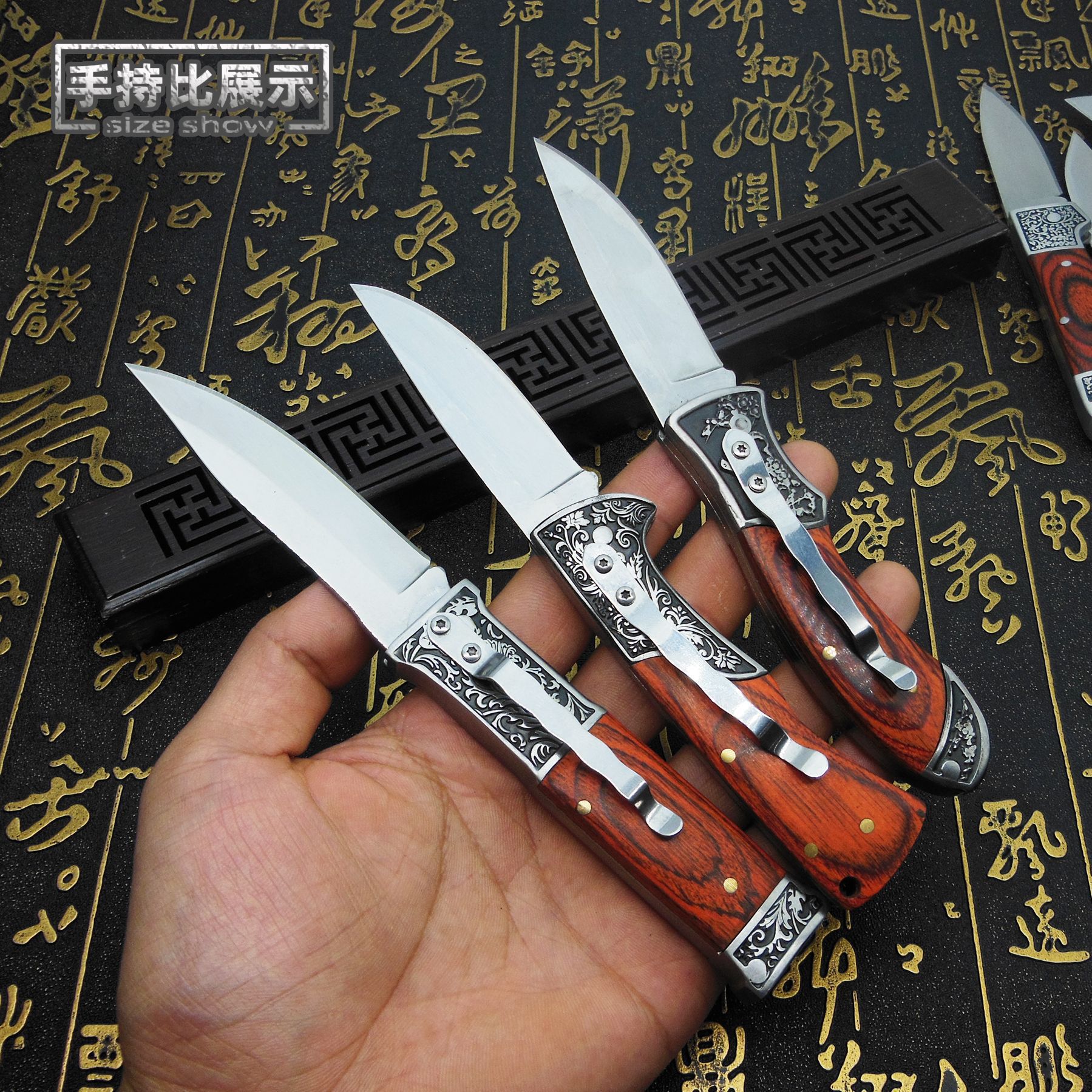 Wholesale of high-hardness outdoor folding knives with red-colored wooden handles, pocket knives for survival and rescue in the wild, and high-quality camping self-defense knives details Picture
