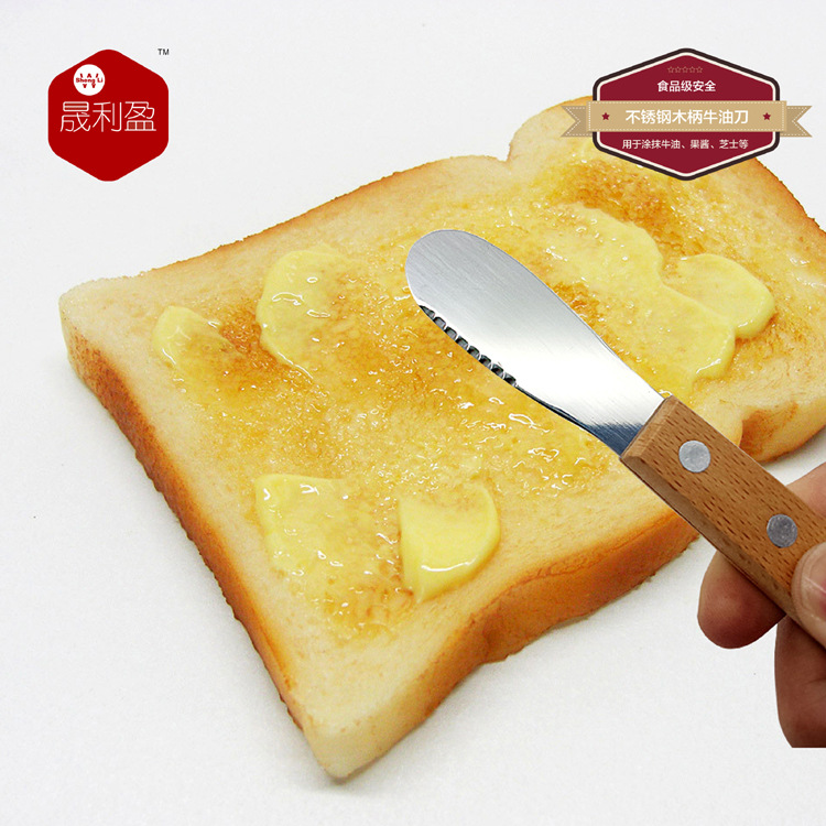 Stainless steel butter scraper, butter spatula, cream knife, wooden-handled butter knife, jam knife, cheese spatula, serrated butter knife Specification drawing