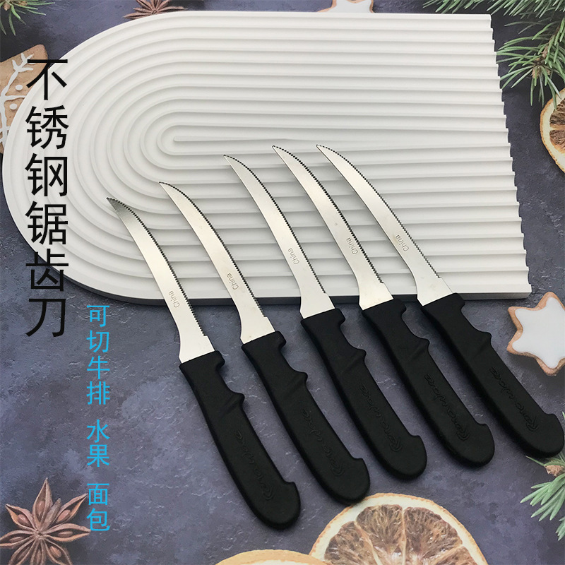 In-stock outdoor Western-style steak knife with plastic handle, kitchen bread knife, stainless steel steak serrated knife, and Western cuisine knife details Picture
