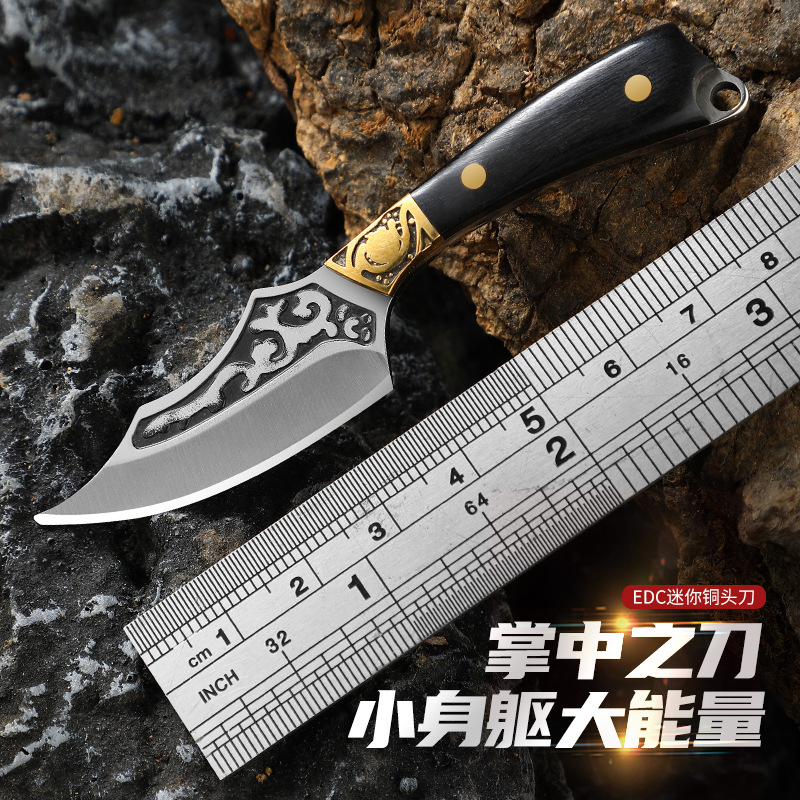 New mini keychain straight knife pendant, sharp express unboxing knife, exquisite brass and wood pattern knife Specification drawing