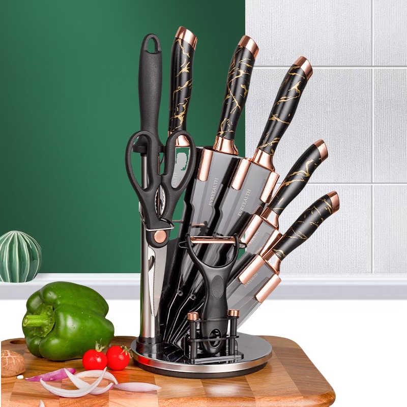 Knife set, rotating base, kitchen knife set, double electroplated head with knife base, marble-patterned handle, nine-piece set combination full figure