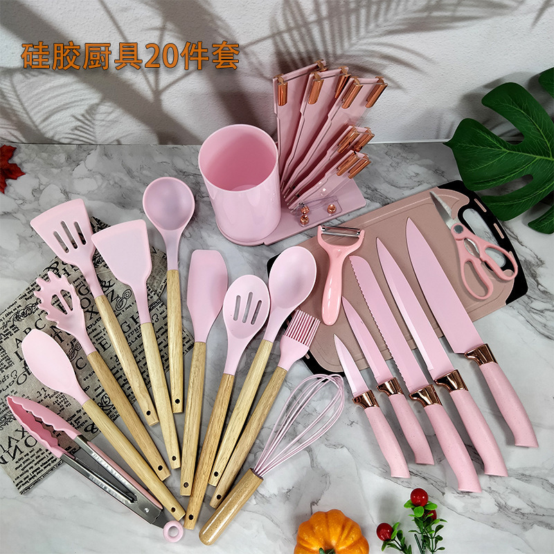 Silicone kitchenware knife set 20 pieces, acrylic rose gold base kitchen knives, cooking spatula and spoon set new in stock Specification drawing