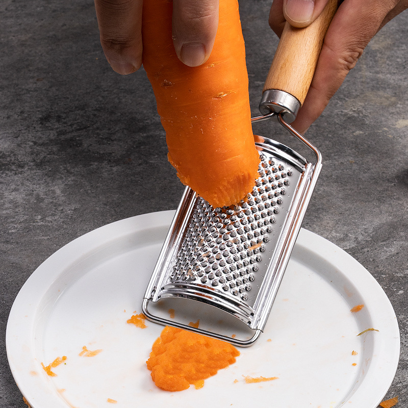 Wooden handle stainless steel radish grater, multi-functional potato and cucumber slicer, ginger grater, household kitchen peeler Specification drawing