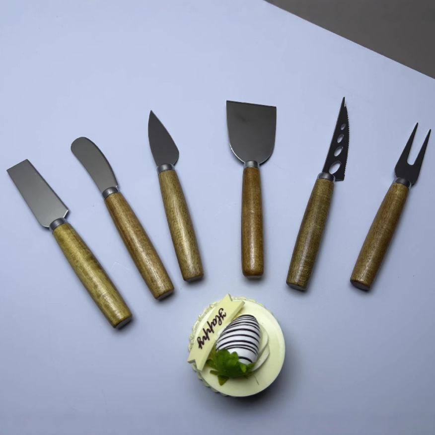 Factory stock: Stainless steel cheese knife, solid wood long-handled acacia butter knife, knife and fork tableware set, kitchen tools Specification drawing
