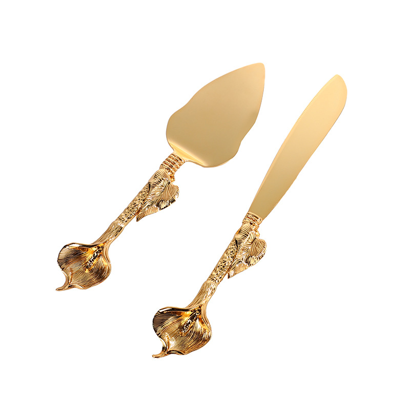 New zinc alloy knife and spatula set, wedding celebration, birthday cake tableware, creative design, leaf knife handle tableware Item Picture