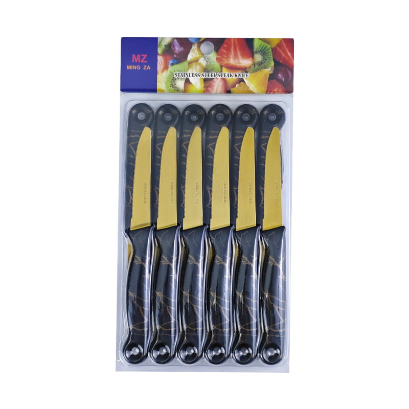 Wholesale fruit knife, household stainless steel fruit steak knife, plastic handle, golden serrated steak knife Specification drawing