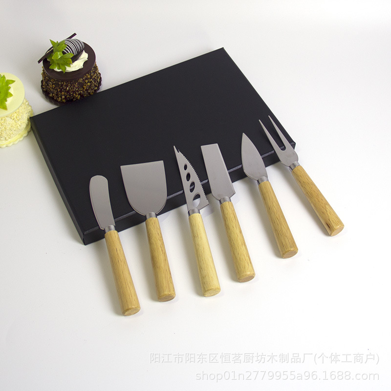 Manufacturer's stainless steel wooden handle cheese knife set, cheese pizza cake small knife, fork, spatula tools, butter and butter spatula details Picture