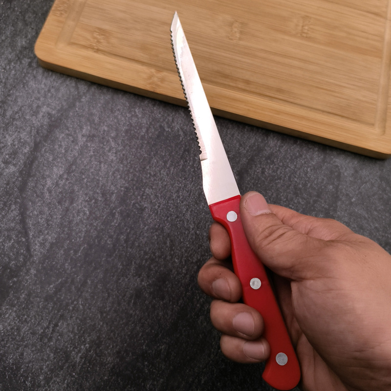Kitchen hotel steak knife, Western cuisine steak knife, tableware, PP plastic handle, fruit peel knife, serrated knife, meat red details Picture