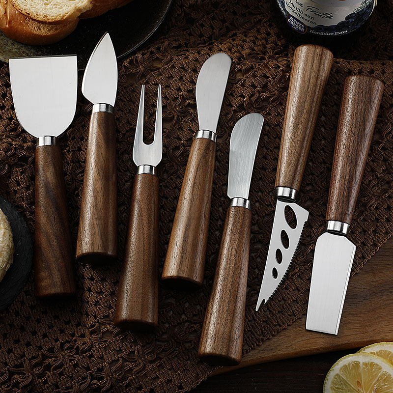 Factory in stock: Stainless steel cheese knives, walnut handle cheese knives, Western-style knives, table knives, steak knives, forks, butter knives Specification drawing