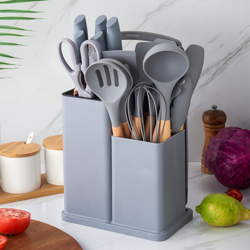A 19-piece set of kitchen silicone knives, kitchen knife set, vegetable cutting spoon, spatula, non-stick pan with storage bucket combination details Picture