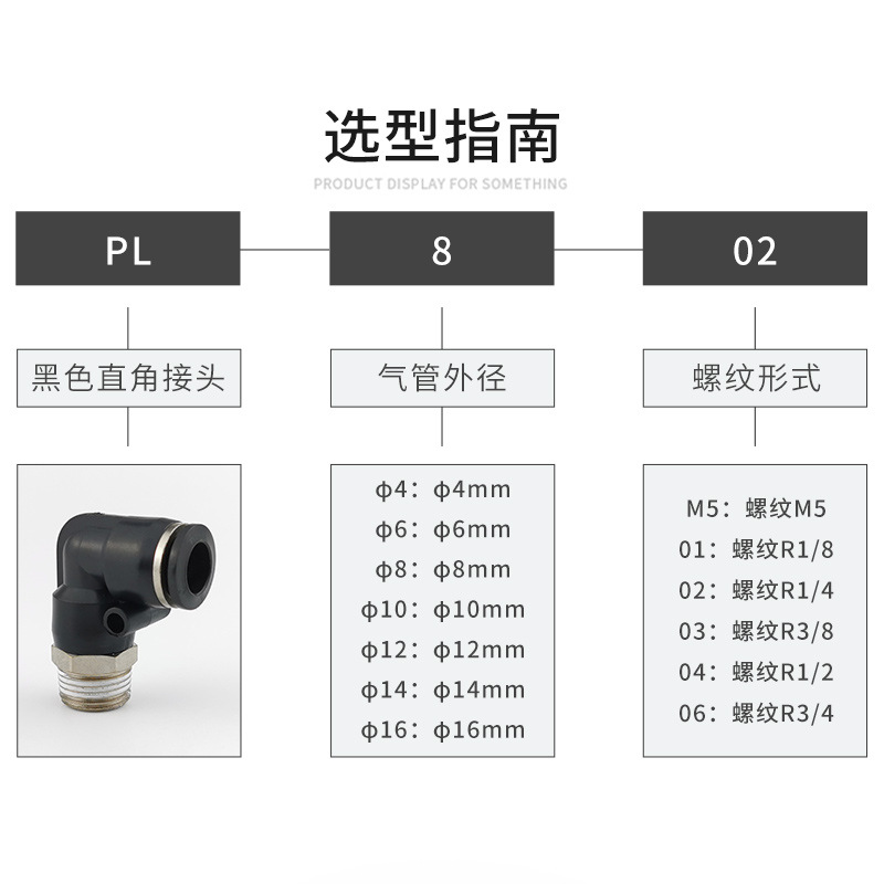 Black pneumatic air pipe connector quick plug, 90-degree L-shaped elbow PL4-M5/6-01/8-02/10-03 details Picture