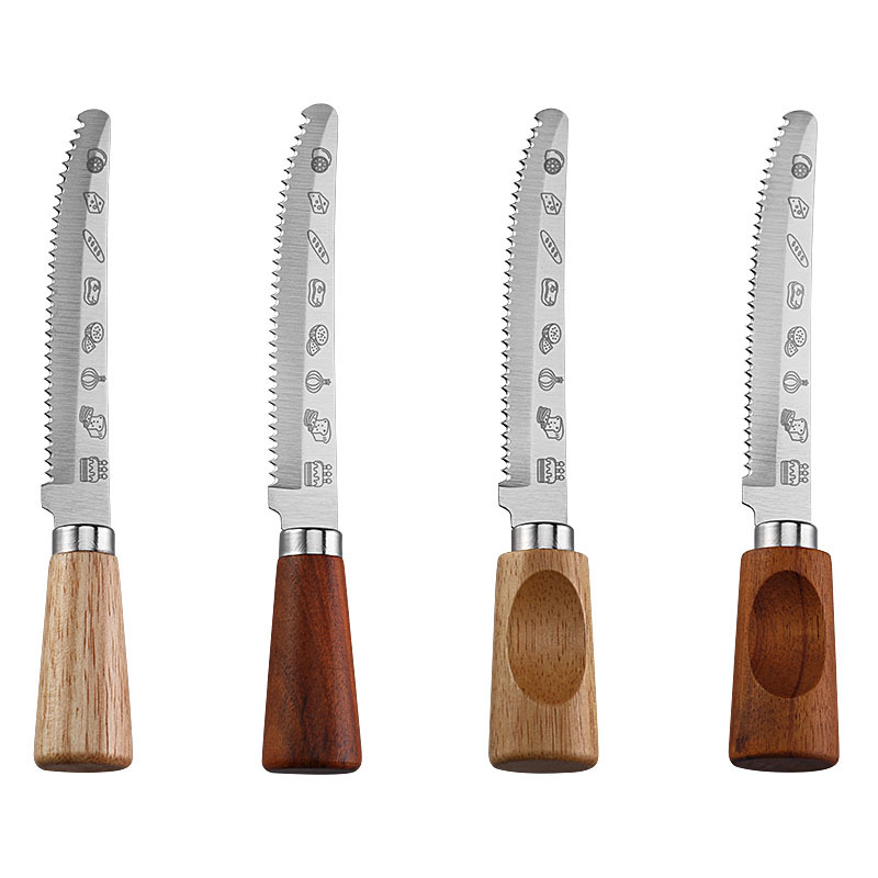 Cross-border in-stock stainless steel toothed barbecue knife, creative Western food knife, steak knife, solid wood handle serrated toast and bread knife Item Picture