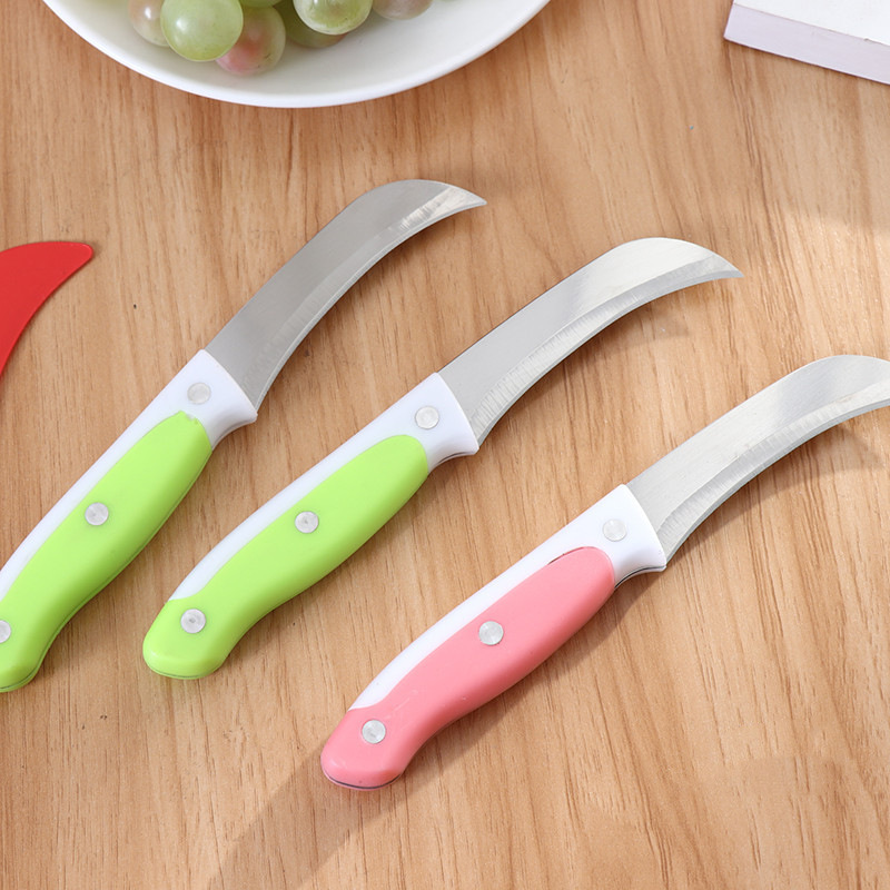 Color plastic handle three-nail stainless steel fruit curved knife, household fruit banana peeler, pineapple curved knife wholesale Specification drawing