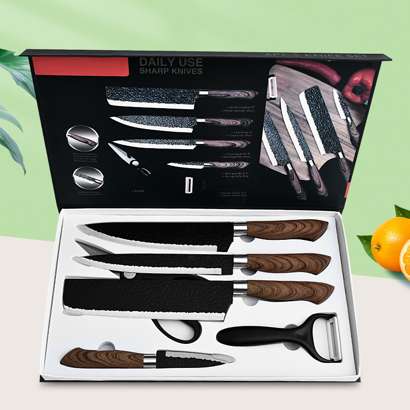 New hammer pattern six-piece set, black steel forged and painted stainless steel kitchen knife set, covered handle gift box full figure
