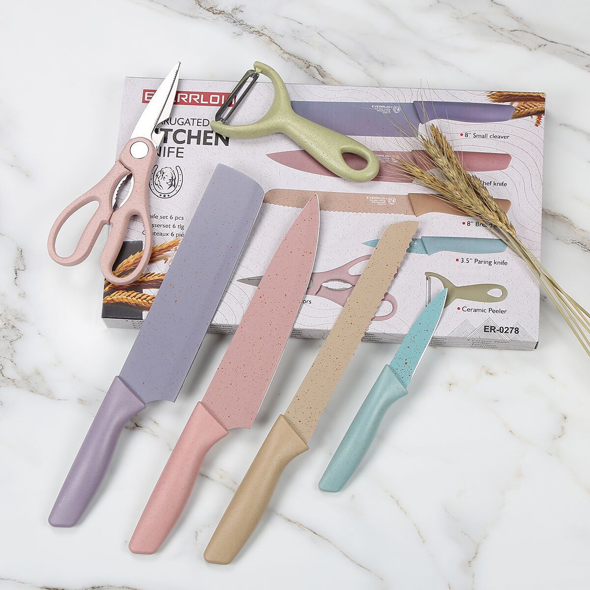 Export kitchen knife set, color wheat straw six-piece set, cooking color spray-painted knife gift box details Picture