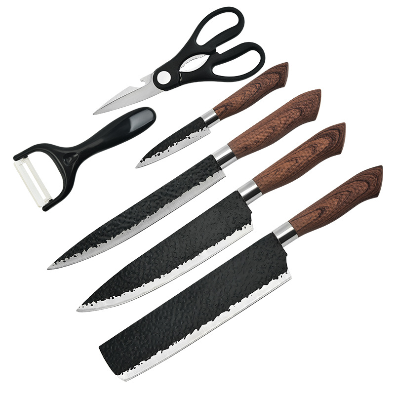 The manufacturer's new hammer-textured six-piece set of knives, embossed, forged and painted stainless steel knives, with handles and gift color box sets Item Picture